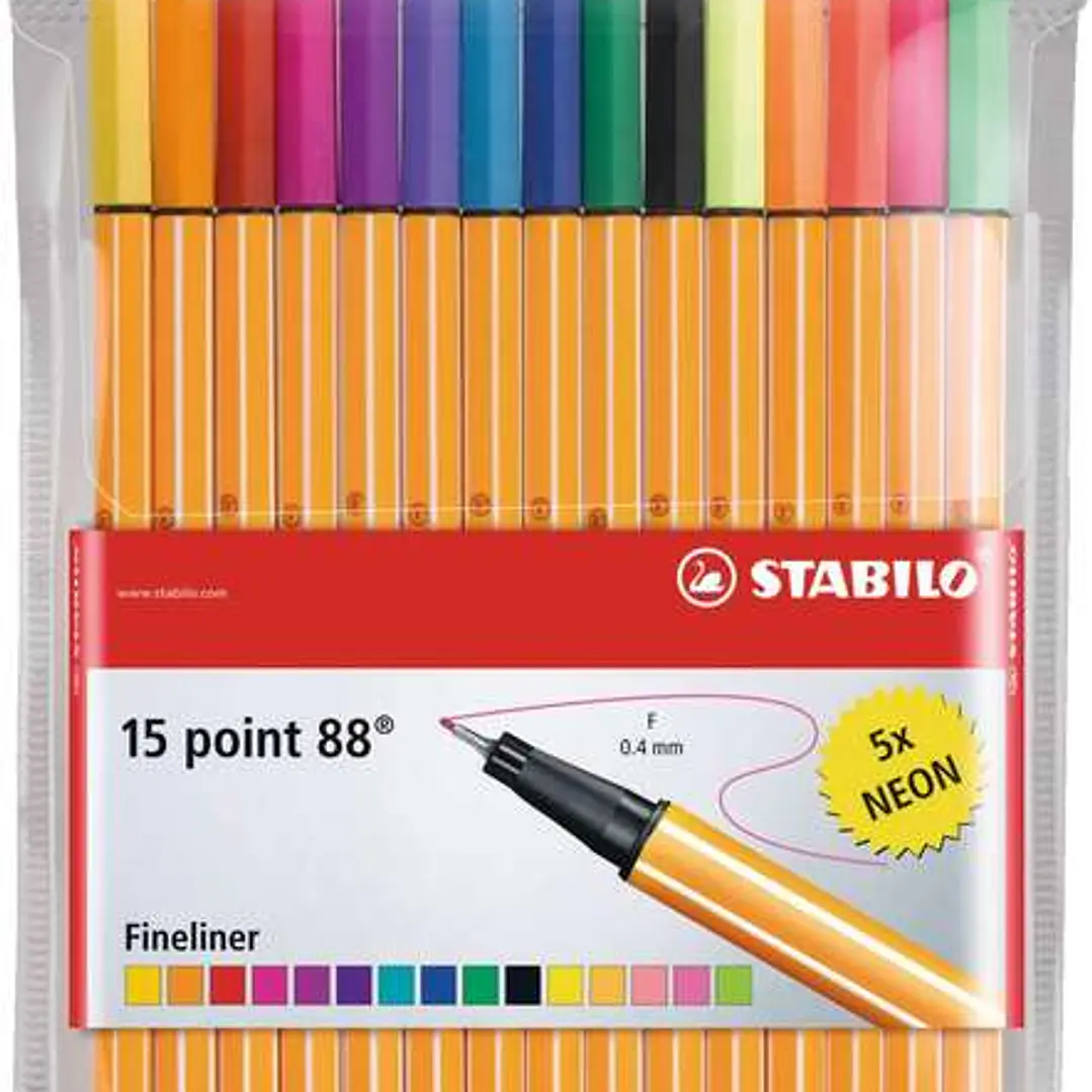 Stabilo Point 88 Pack de 15 Rotuladores de Punta Fina de Fibra - Trazo de 0.4 mm - Tinta con Base de Agua - 10 Colores Surtidos + 5 Neon 1