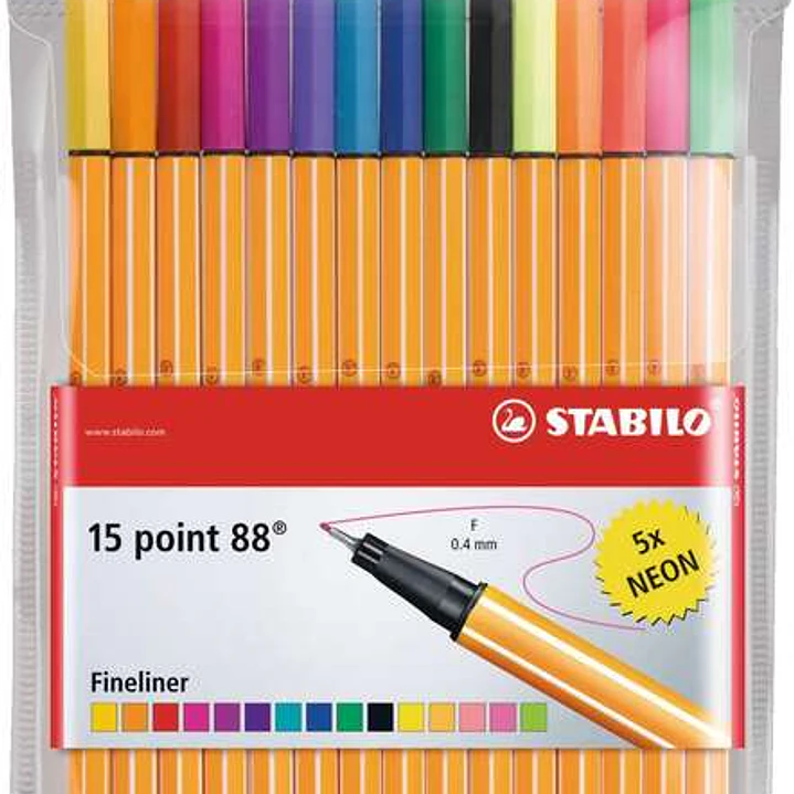 Stabilo Point 88 Pack de 15 Rotuladores de Punta Fina de Fibra - Trazo de 0.4 mm - Tinta con Base de Agua - 10 Colores Surtidos + 5 Neon 1