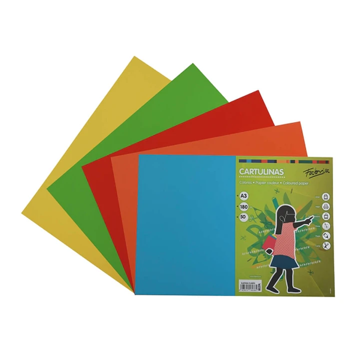 Fabrisa Pack de 50 Cartulinas 180 g/m² - Tamaño A3 - Colores Fuertes Surtidos 1