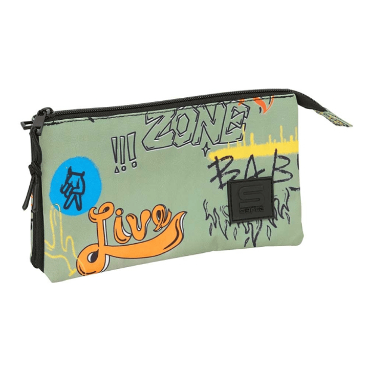 Safta Graffiti Zone Portatodo - 3 Compartimentos con Cremalleras - Bolsillo Interior - 0.60L - 220x30x120mm - Color Verde 1