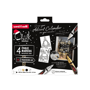 Uni-ball Chalk Colores Escandinavos Pack de 4 Marcadores de Tiza Liquida + Posters - Punta Conica 1.8-2.5mm - Borrado en Humedo - Resistente a la Lluv