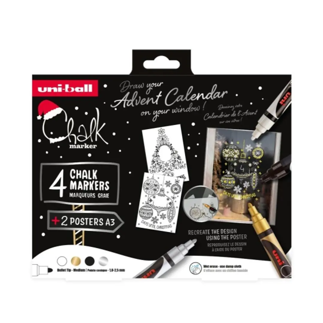Uni-ball Chalk Colores Escandinavos Pack de 4 Marcadores de Tiza Liquida + Posters - Punta Conica 1.8-2.5mm - Borrado en Humedo - Resistente a la Lluv 1