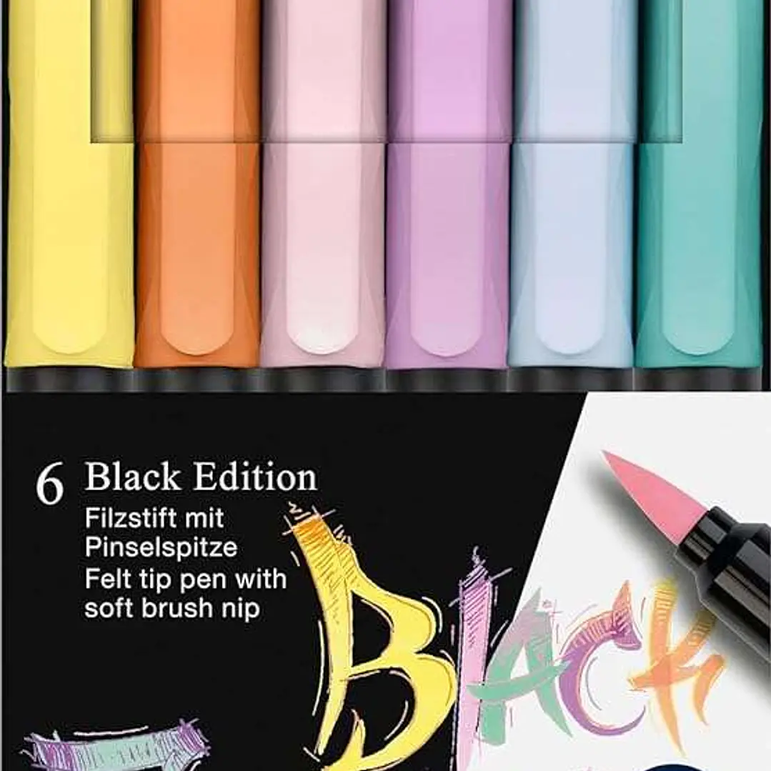 Faber-Castell Black Edition Pack de 6 Rotuladores Punta Pincel - Tinta a Base de Colorantes Alimentarios - Colores Pastel Surtidos 1