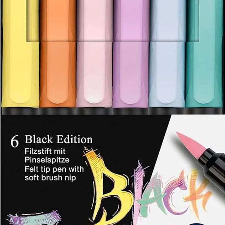 Faber-Castell Black Edition Pack de 6 Rotuladores Punta Pincel - Tinta a Base de Colorantes Alimentarios - Colores Pastel Surtidos 1