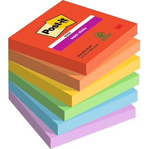 Post-It Super Sticky Pack de 6 Blocs de 90 Notas Adhesivas Reposicionables - Forma Cuadrada - 76x76mm - Colores Surtidos