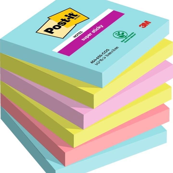 Post-It Super Sticky Pack de 6 Blocs de 90 Notas Adhesivas Reposicionables - Forma Cuadrada - 76x76mm - Colores Surtidos 1