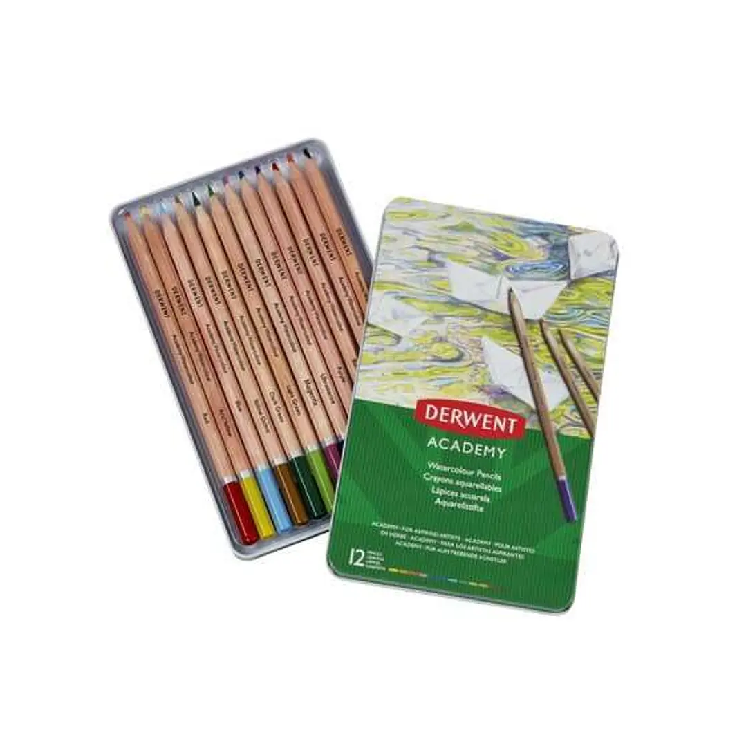 Derwent Academy Pack de 12 Lapices Acuarelables - Flexibilidad de la Acuarela - Cuerpos de Madera Natural - Faciles de Usar - Pigmentos de Calidad - M 1