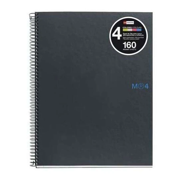 Miquel Rius Notebook4 Cuaderno de Espiral Formato A4 - 160 Hojas Lisas Microperforadas con 4 Taladros - Cubiertas de Carton Extraduro - Color Gris Osc 1