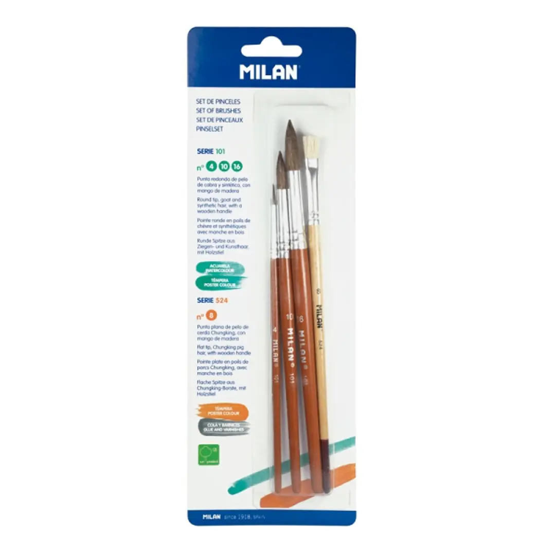 Milan 101 Pack de 3 Pinceles Redondos - Formatos Surtidos - Pelo de Cabra y Sintetico - Incluye 1 Pincel Serie 524 Numero 8 - Color Madera Oscuro 1
