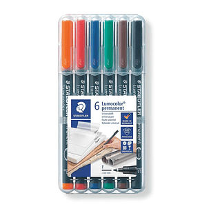 Staedtler Lumocolor 318 Pack de 6 Rotuladores Permanentes - Punta Fina Redonda - Trazo 0.6mm - Capuchon con Clip - Secado Rapido - Colores Surtidos