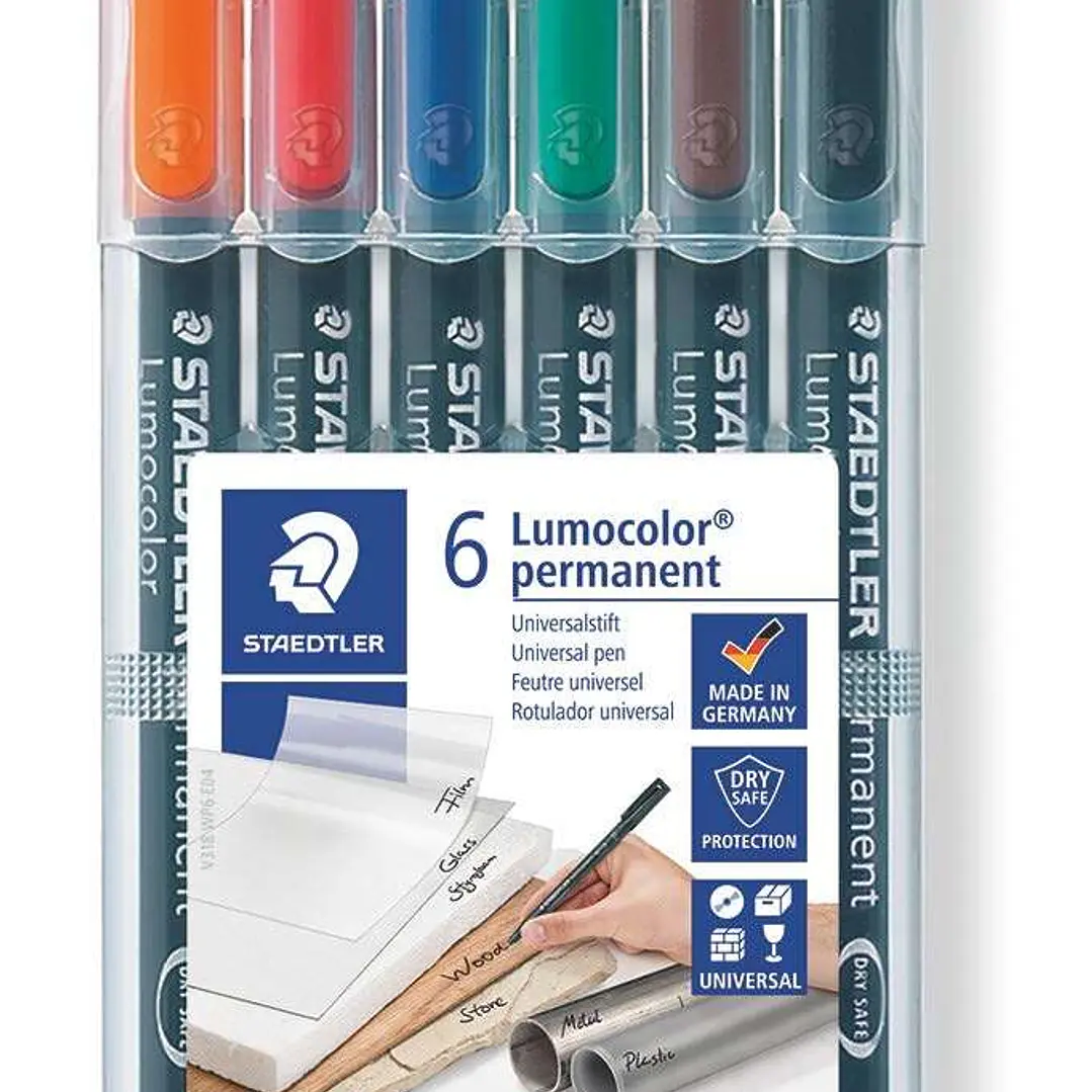 Staedtler Lumocolor 318 Pack de 6 Rotuladores Permanentes - Punta Fina Redonda - Trazo 0.6mm - Capuchon con Clip - Secado Rapido - Colores Surtidos 1