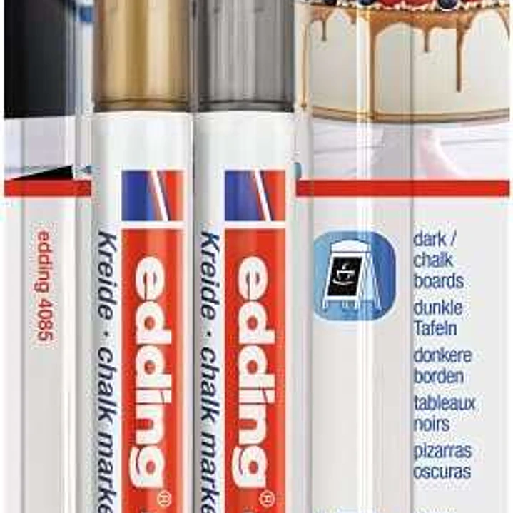 Edding 4085 Pack de 2 Rotuladores de Tiza Liquida - Punta Redonda - Trazo 1-3mm - Olor Neutro - Color Oro y Plata 1