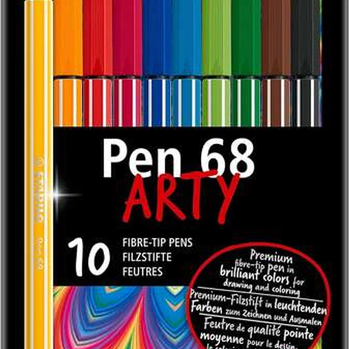 Stabilo Pen 68 Arty Caja Metalica de 10 Rotuladores - Punta de Fibra - Trazo de 1mm aprox. - Tinta a Base de Agua - Capuchon Ventilado - Colores Surti 1
