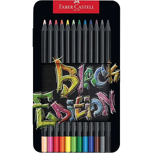 Faber-Castell Black Edition Caja Metalica de 12 Lapices de Colores - Mina Supersuave - Madera Negra - Ideales para Dibujo sobre Papel Claro, Oscuro y 