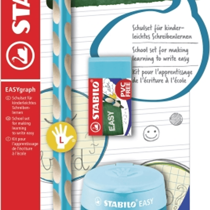 Stabilo Easygraph Pack con Lapiz de Grafito + Sacapuntas con Deposito + Goma de Borrar - Mina HB de 3.15mm - Diseño Ergonomico - Uso Zurdo - Color Azu 1