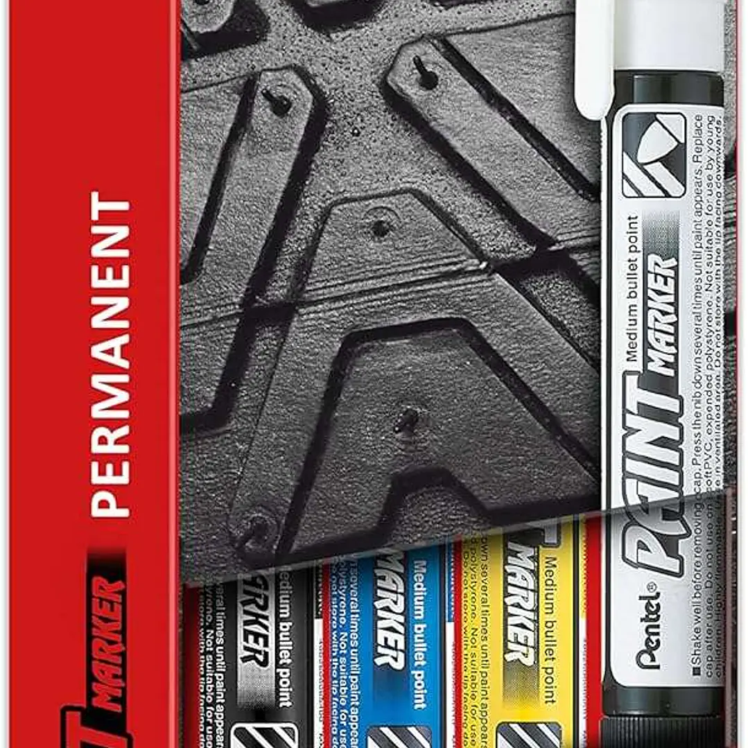 Pentel PenTools Pack de 4 Rotuladores Permanentes Paint Marker - Punta Conica 4.6mm - Trazo 3mm - Impermeable, Resistente a la Luz - Secado Rapido - C 1