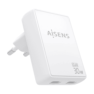 Aisens Cargador GaN Ultra Delgado 30W - 2xUSB-C PD3.0 QC4.0 - Tecnologia AI - Color Blanco