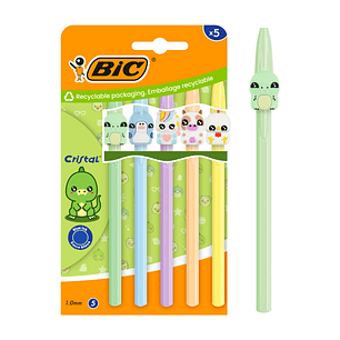 Bic Cristal Pastel Figurines Pack con 5 Boligrafos de Bola - Cuerpo Opaco en Colores Pastel con Figuras de Animales - Punta Redonda de 1mm - Trazo 0.4