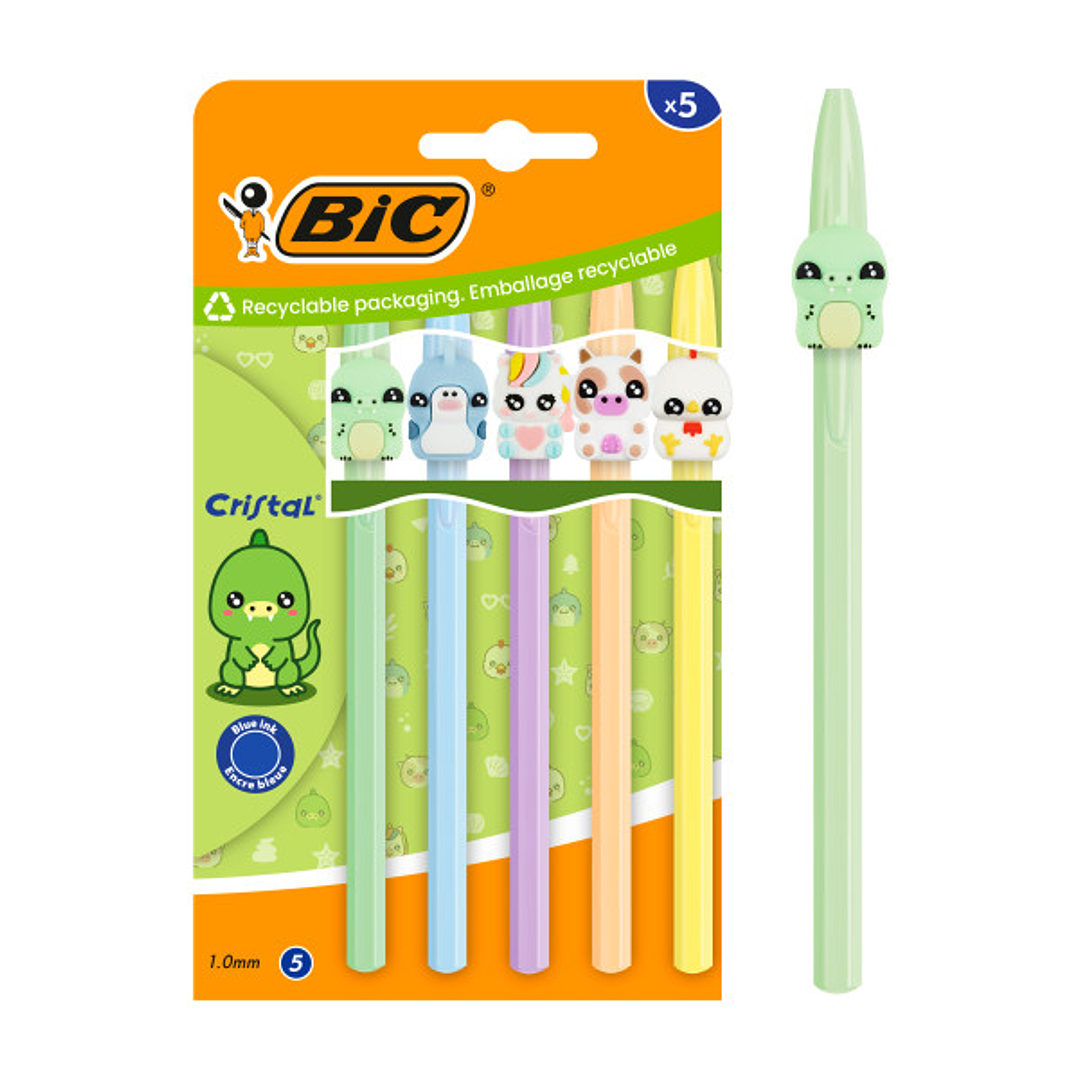 Bic Cristal Pastel Figurines Pack con 5 Boligrafos de Bola - Cuerpo Opaco en Colores Pastel con Figuras de Animales - Punta Redonda de 1mm - Trazo 0.4 1