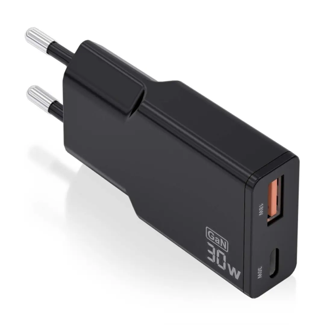 Aisens Cargador GaN Ultra Delgado 30W - 1xUSB-C PD3.0 QC4.0 - 1xUSB-A QC3.0 - Color Negro 1