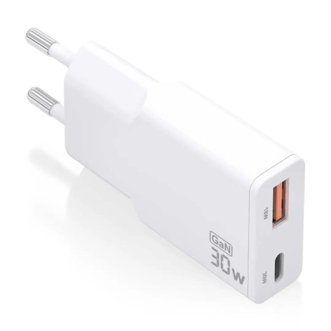 Aisens Cargador GaN Ultra Delgado 30W - 1xUSB-C PD3.0 QC4.0 - 1xUSB-A QC3.0 - Color Blanco 1