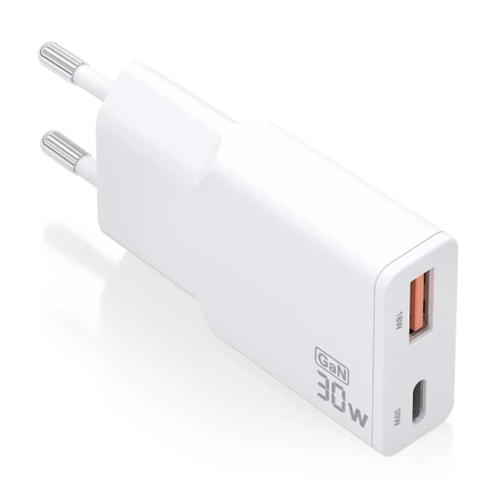 Aisens Cargador GaN Ultra Delgado 30W - 1xUSB-C PD3.0 QC4.0 - 1xUSB-A QC3.0 - Color Blanco 1