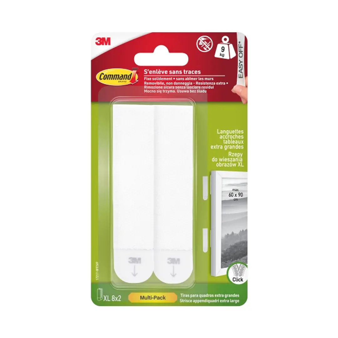 Command Pack de 16 Tiras Adhesivas para Objetos Pesados - 8 Pares XL - Soporta hasta 9kg - Color Blanco 1