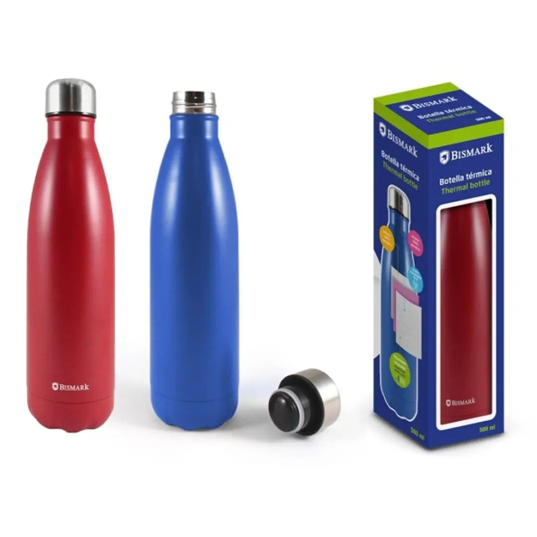 Bismark Botella Termica 500ml - Aislamiento de Vacio de Doble Pared - Tapon Hermetico - Colores Rojo y Azul 1