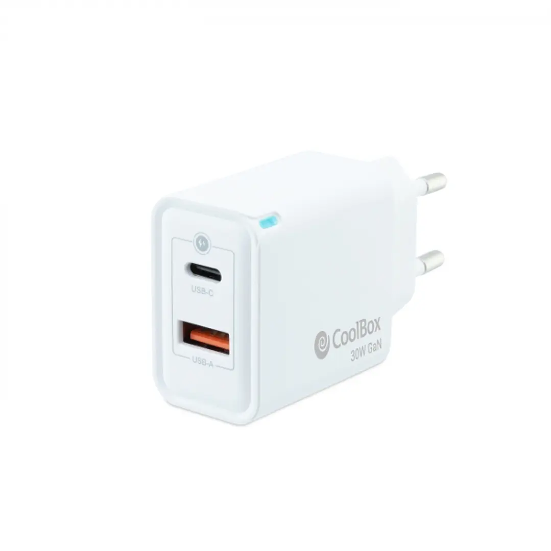 Coolbox Cargador de Pared 30W QC3.0 + PD - USB-A + USB-C - Carga Rapida - Tecnología GaN - Color Blanco 1
