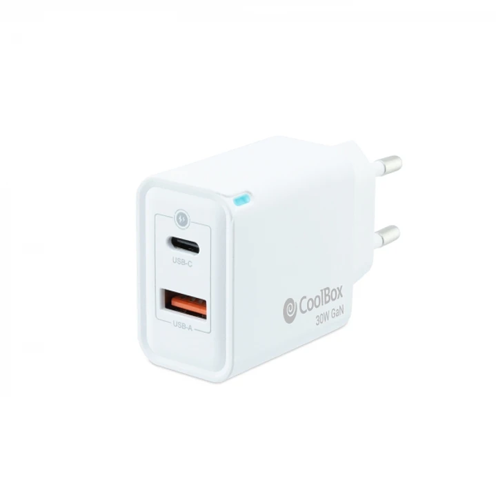 Coolbox Cargador de Pared 30W QC3.0 + PD - USB-A + USB-C - Carga Rapida - Tecnología GaN - Color Blanco 1