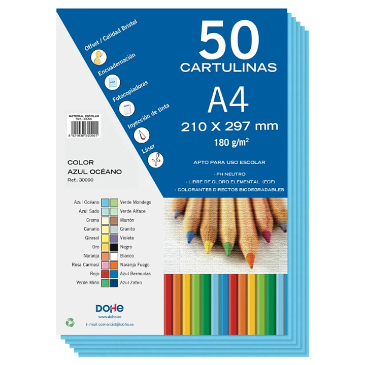 Dohe Pack de 50 Cartulinas A4 de 180gr - Con PH Neutro - Libres de Cloro Elemental - Color Azul Oceano 1