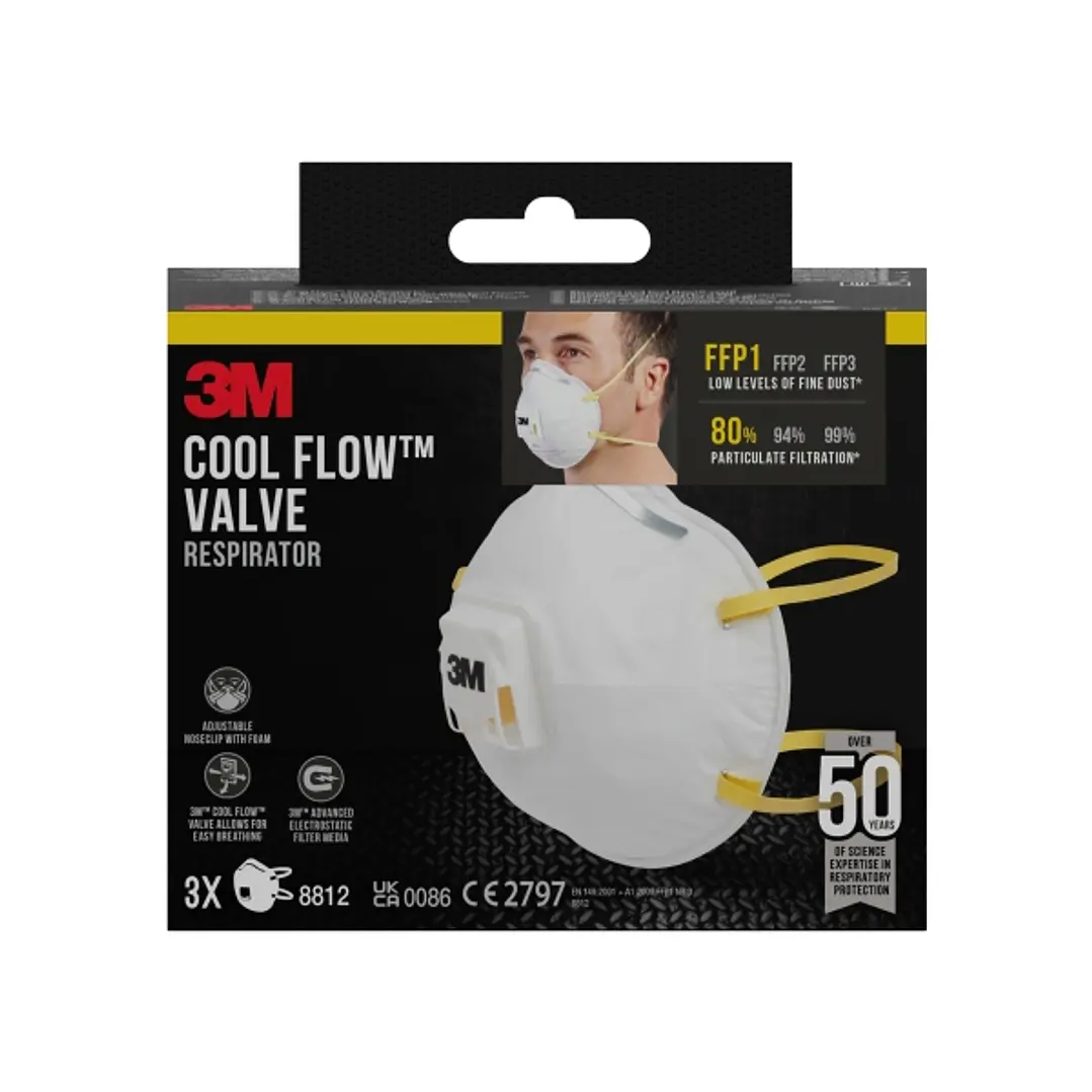 3M Cool Flow Pack de 3 Mascarillas para Particulas FFP1 - Desechable - con Valvula - para Niveles Bajos de Particulas - Color Blanco 1