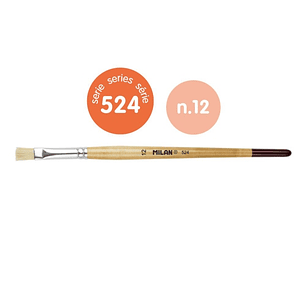 Milan 524 Pack de 6 Pinceles Planos Numero 12 - Bolsa con Colgador - Cerda Natural - Mango Corto - Color Madera Claro