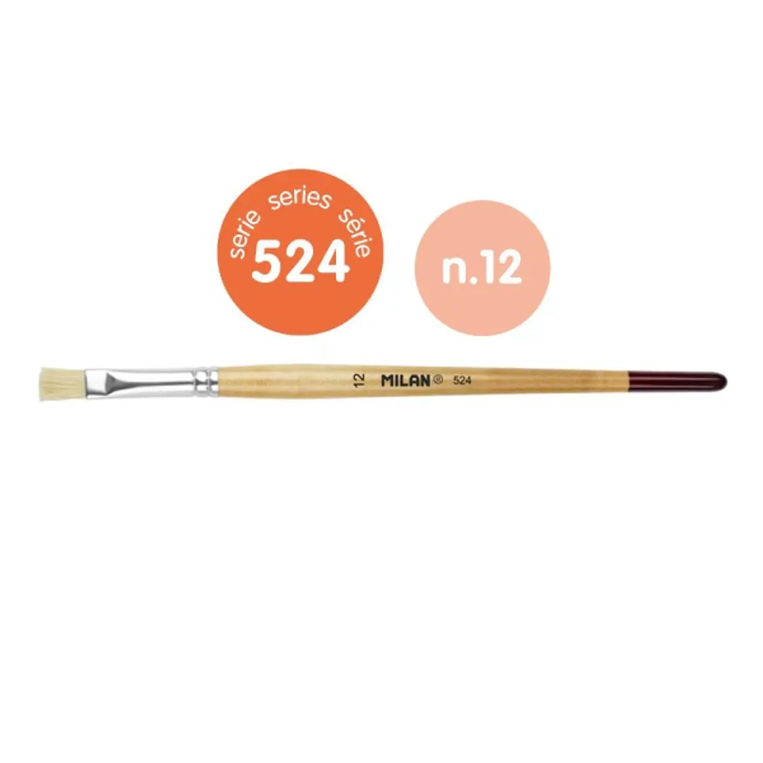 Milan 524 Pack de 6 Pinceles Planos Numero 12 - Bolsa con Colgador - Cerda Natural - Mango Corto - Color Madera Claro 1