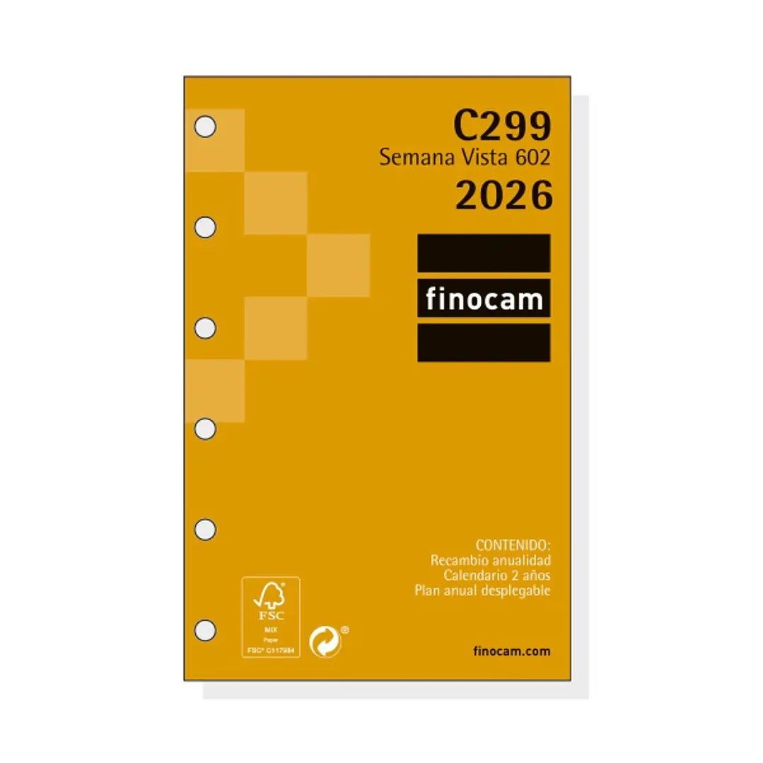 Finocam C299 Recambio para Agendas Classic - Anual 2026 - Hojas Microperforadas - Formato 602 - 73x6x114mm - Semana Vista Horizontal - Color Blanco 1