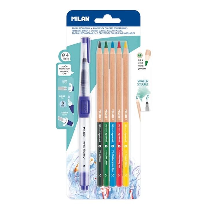 Milan Water Brush Pack de Pincel Recargable + 5 Lapices Acuarelables - Mina Gruesa - Color Azul 1