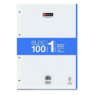 Miquel Rius Bloc1 Bloc Encolado Formato A4 - 100 Hojas de 70gr con 4 Taladros - Banda de las Hojas Azul - Base de Carton - Cuadricula 5x5