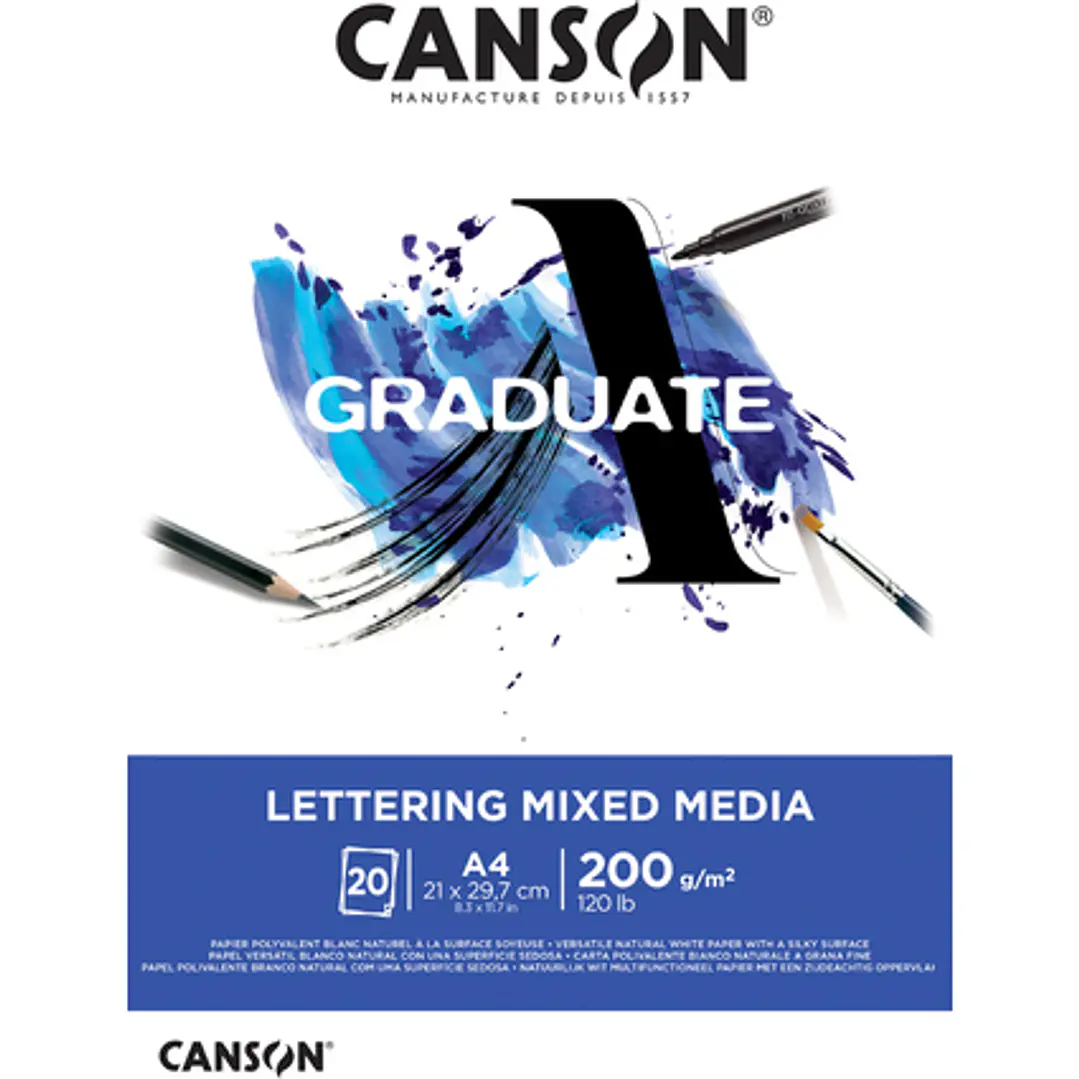 Canson Graduate Lettering Multitecnica Bloc Encolado de 20 Hojas A4 de 200g - Satinado - Color Blanco 1