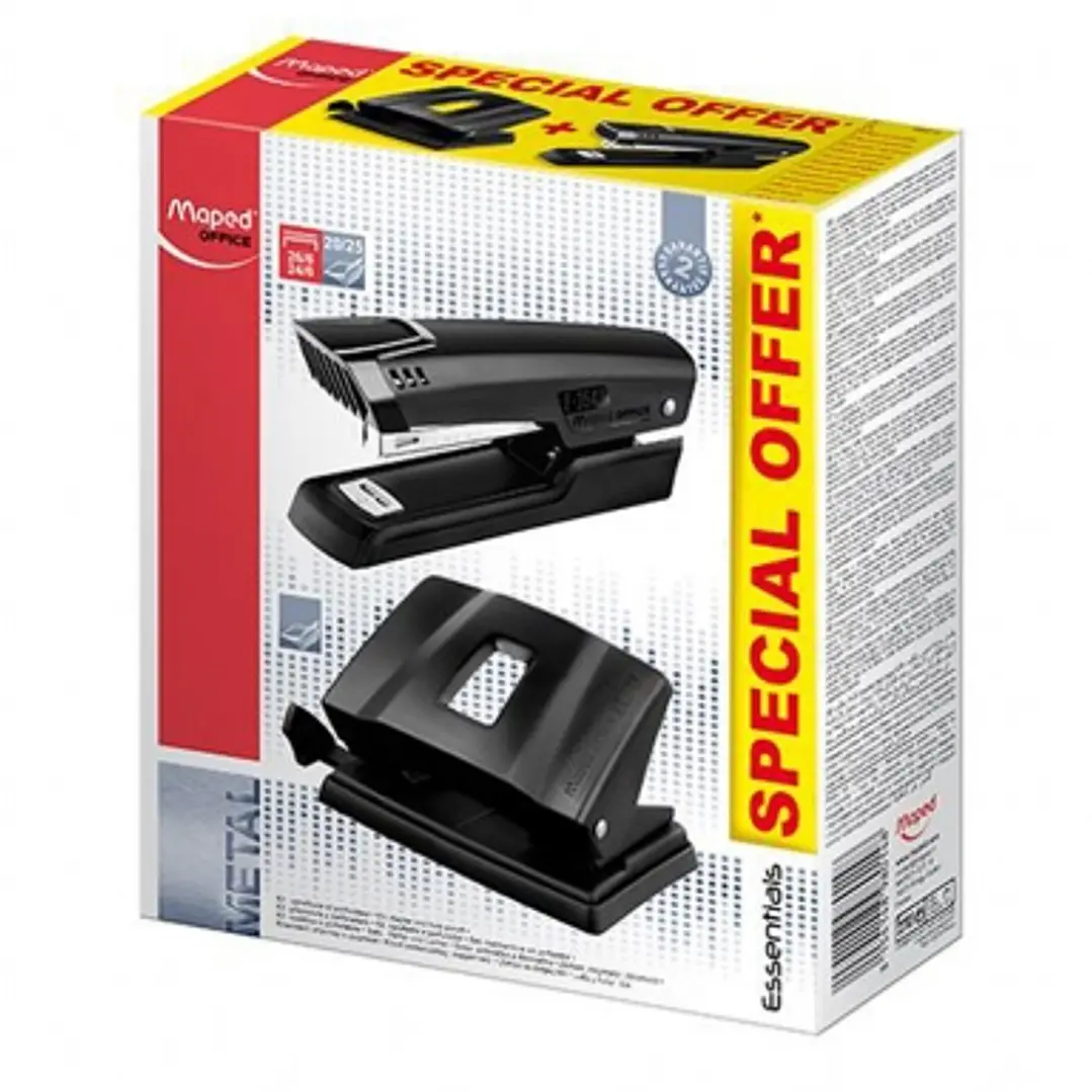 Maped Essentials Metal Pack de Grapadora Metalica E3543 + Taladro Metalico E4024 - Grapa hasta 25 Hojas a la Vez - Admite Grapas 24/6 y 26/6 - Perfora 1