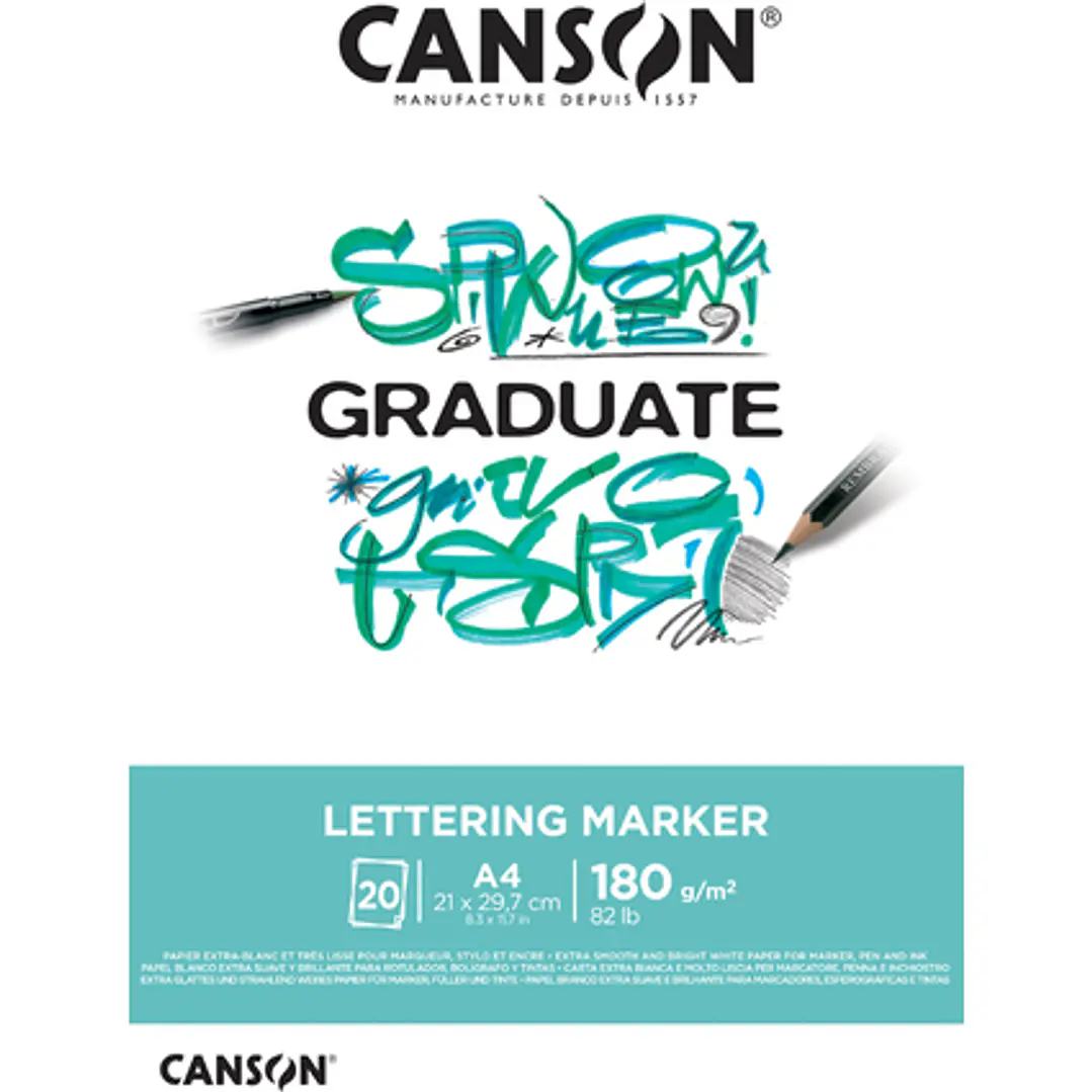 Canson Graduate Lettering Rotulador Bloc Encolado de 20 Hojas A4 - 180g - Satinado - Color Blanco 1