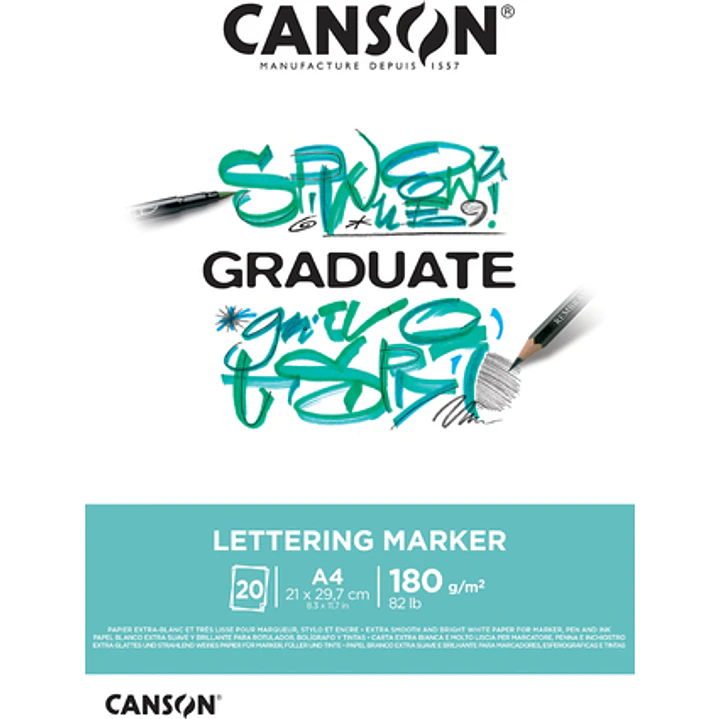 Canson Graduate Lettering Rotulador Bloc Encolado de 20 Hojas A4 - 180g - Satinado - Color Blanco 1