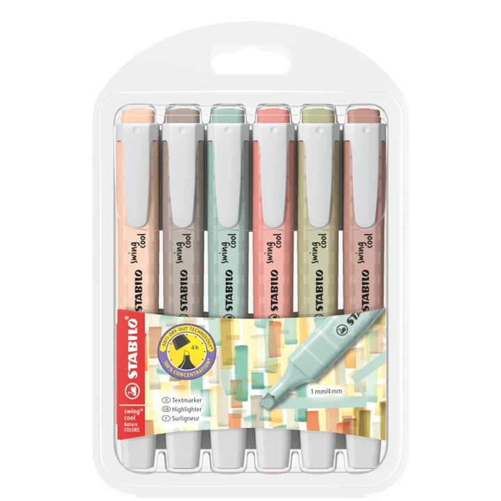 Stabilo Swing Cool Naturecolors Pack de 6 Marcadores Fluorescentes - Cuerpo Plano - Punta Biselada - Trazo entre 1 y 4mm - Tinta con Base de Agua - An 1