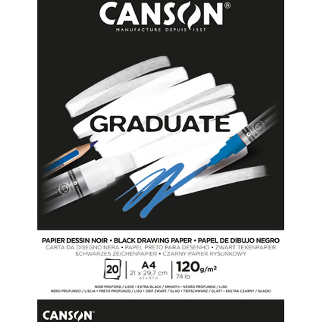 Canson Graduate Black Bloc Encolado de 20 Hojas A4 - 120g - Grano Fino - Color Negro 1