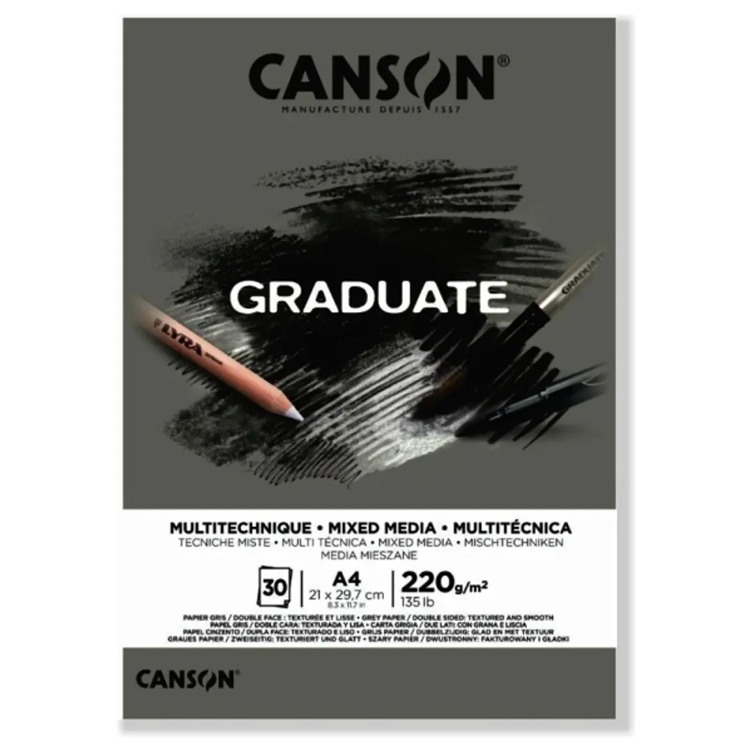 Canson Graduate Mix Media Bloc Encolado de 30 Hojas A4 - 220g - Grano Fino - Color Gris 1