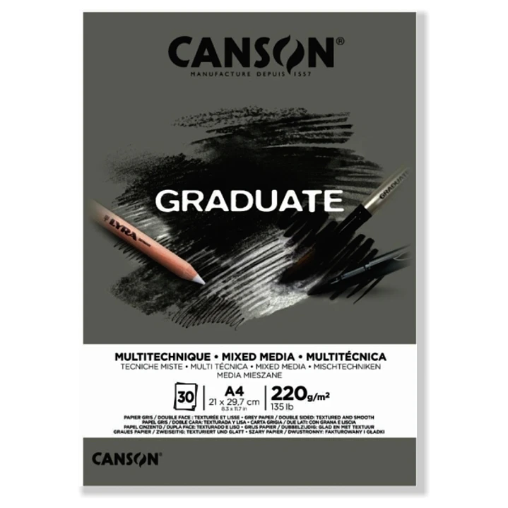 Canson Graduate Mix Media Bloc Encolado de 30 Hojas A4 - 220g - Grano Fino - Color Gris 1