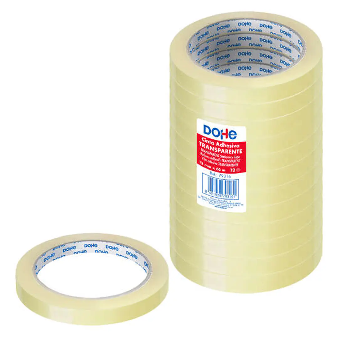 Dohe Pack de 12 Cintas Adhesivas de Polipropileno 12mm x 66m- Alta Resistencia y Potente Adhesivo - Transparente 1