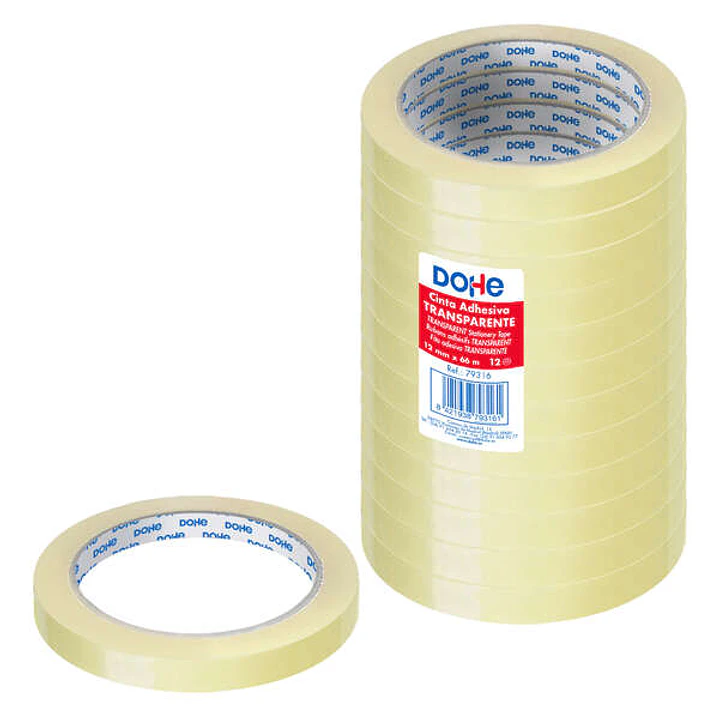 Dohe Pack de 12 Cintas Adhesivas de Polipropileno 12mm x 66m- Alta Resistencia y Potente Adhesivo - Transparente 1
