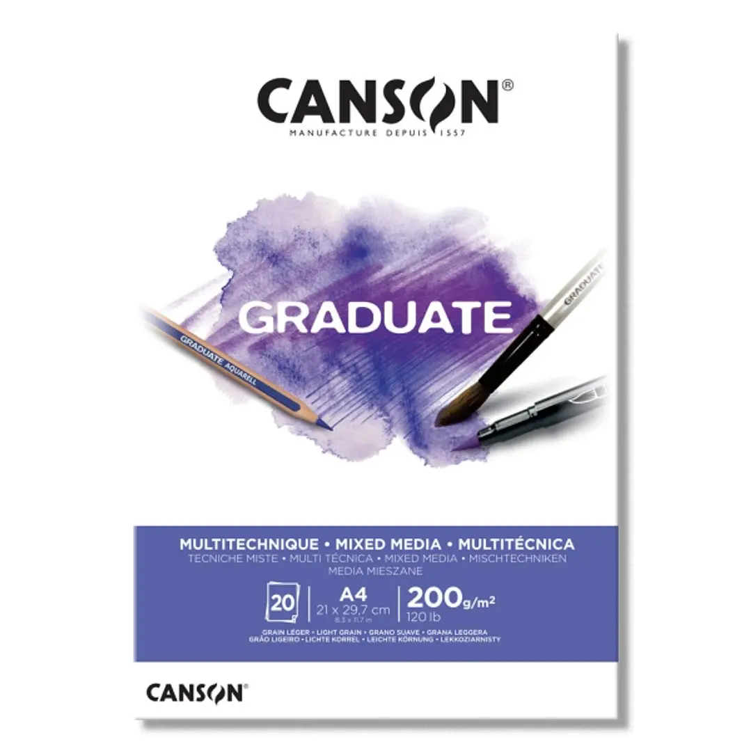 Canson Graduate Mix Media Bloc Encolado de 20 Hojas A4 de 200g - Grano Fino - Color Blanco 1