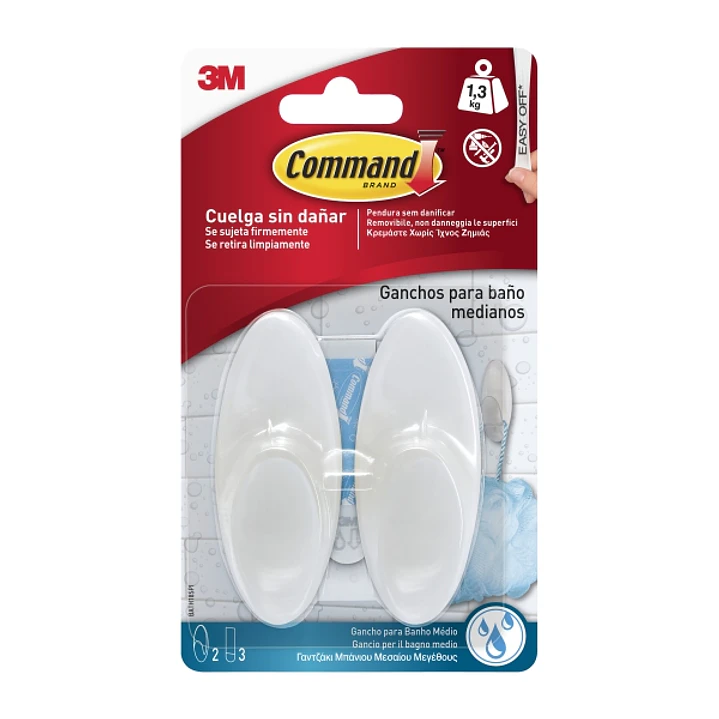 Command Pack de 2 Ganchos Medianos para Aseo - Resistente al Agua - 3 Tiras Adhesivas - Soporta hasta 1.3kg - Color Blanco 1