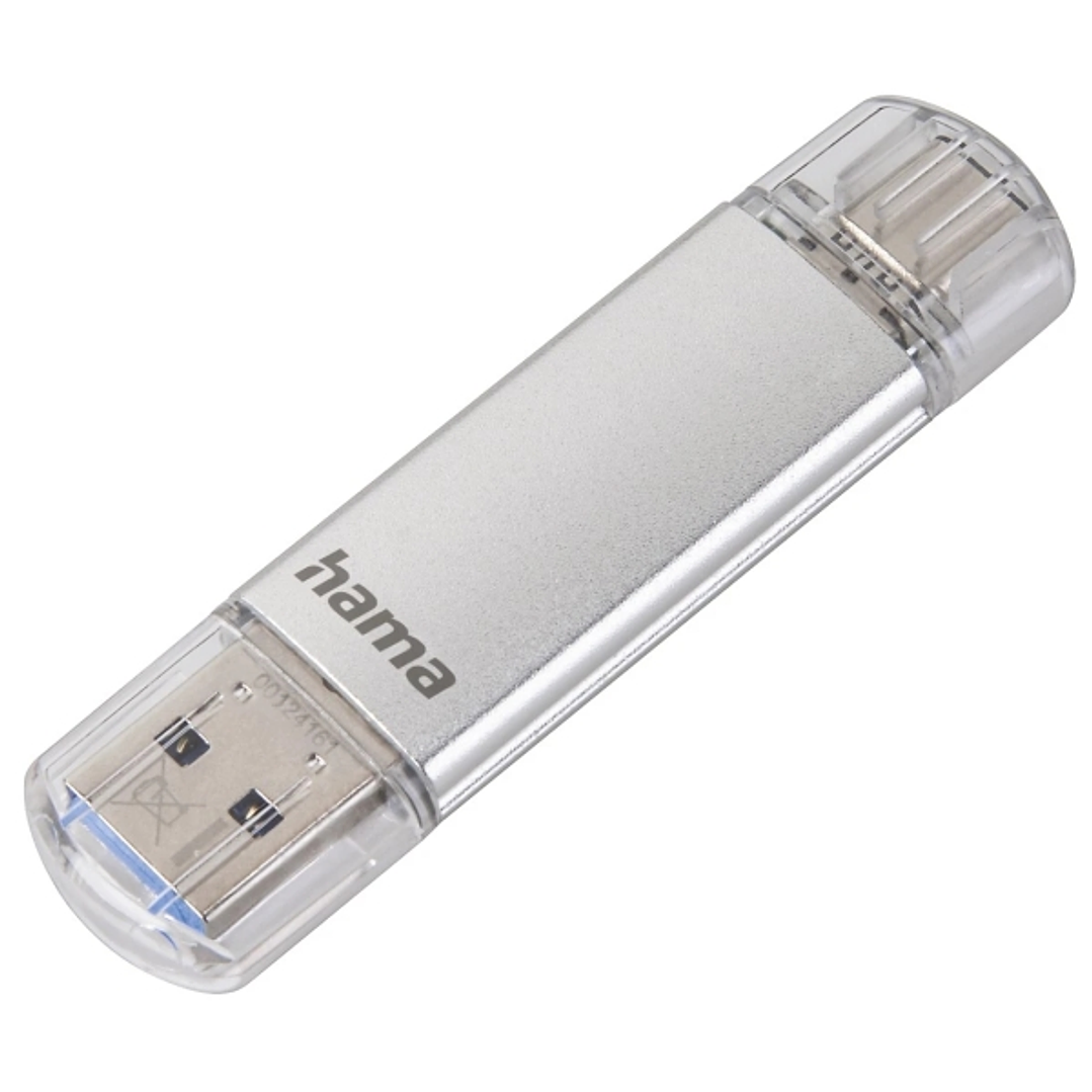 Hama Laeta Memoria Pendrive USB 3.0 con Tapa - 16GB de Capacidad - 40Mb/s de Transferencia - Funcion OTG - USB-C - USB-A - Cuerpo Metalico - Color Pla 1